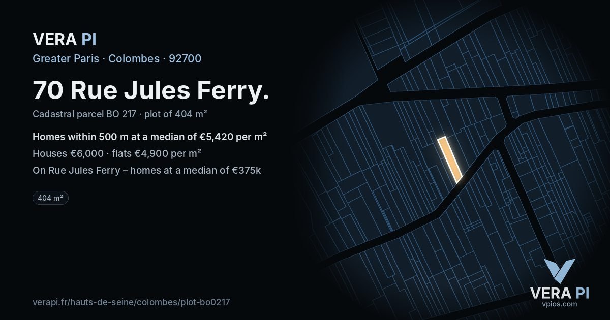 70 Rue Jules Ferry, Colombes at night – the plot lit, the parcels around coloured by the prices near them