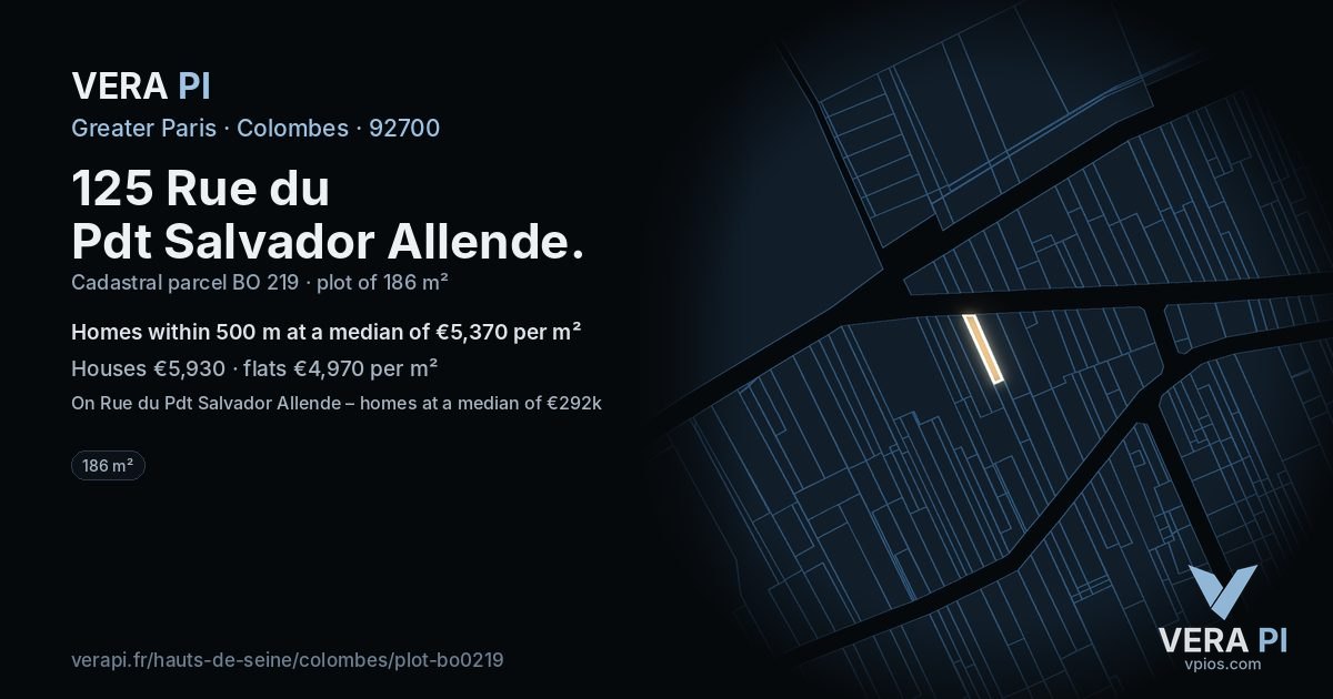 125 Rue du Pdt Salvador Allende, Colombes at night – the plot lit, the parcels around coloured by the prices near them