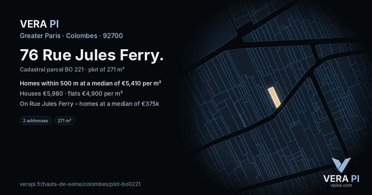 76 Rue Jules Ferry, Colombes at night – the plot lit, the parcels around coloured by the prices near them