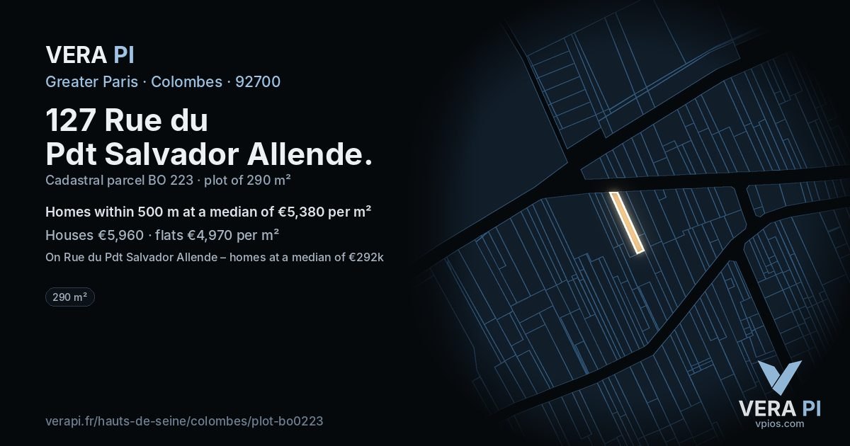 127 Rue du Pdt Salvador Allende, Colombes at night – the plot lit, the parcels around coloured by the prices near them