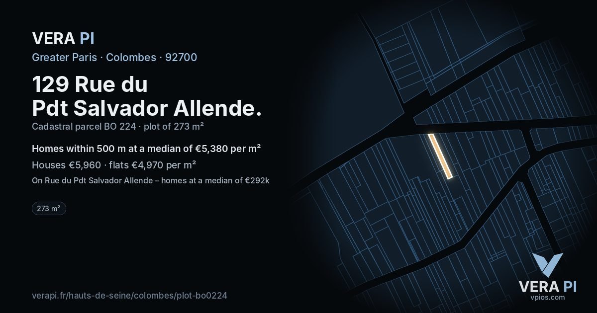 129 Rue du Pdt Salvador Allende, Colombes at night – the plot lit, the parcels around coloured by the prices near them