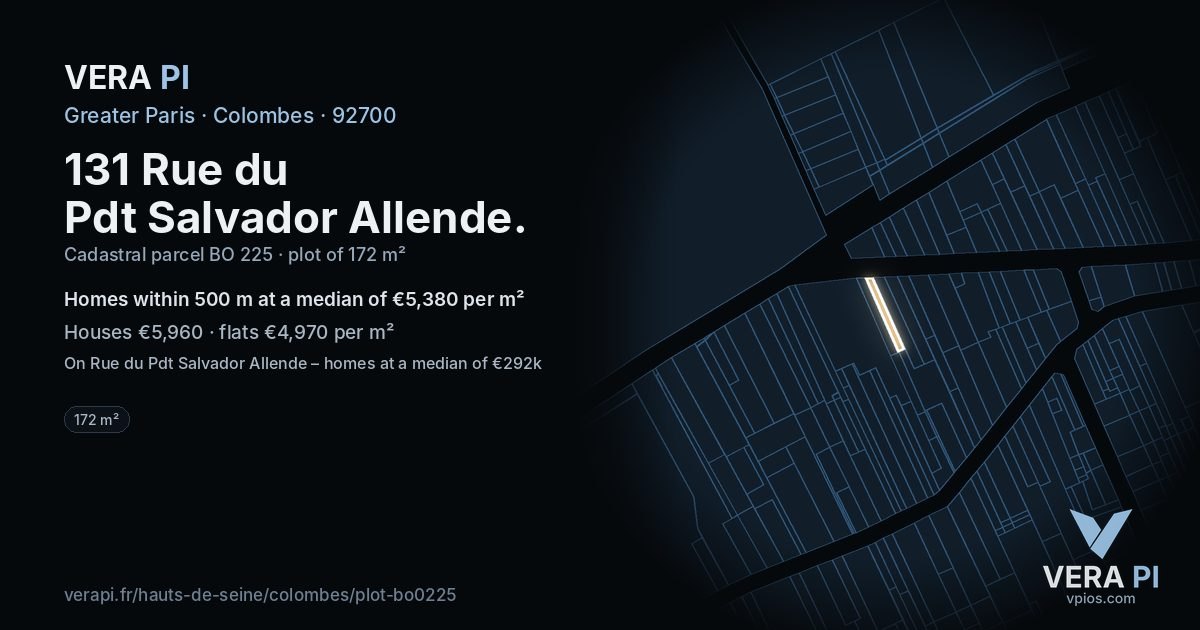 131 Rue du Pdt Salvador Allende, Colombes at night – the plot lit, the parcels around coloured by the prices near them