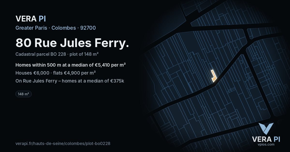 80 Rue Jules Ferry, Colombes at night – the plot lit, the parcels around coloured by the prices near them