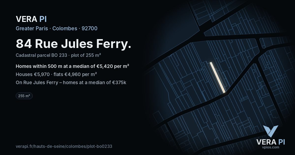 84 Rue Jules Ferry, Colombes at night – the plot lit, the parcels around coloured by the prices near them