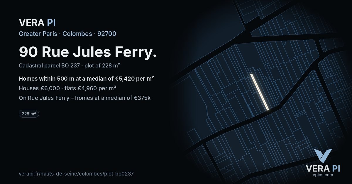 90 Rue Jules Ferry, Colombes at night – the plot lit, the parcels around coloured by the prices near them