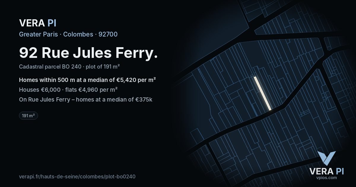 92 Rue Jules Ferry, Colombes at night – the plot lit, the parcels around coloured by the prices near them