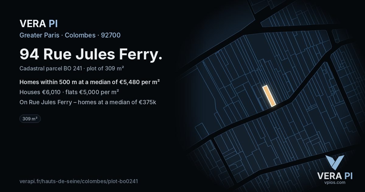 94 Rue Jules Ferry, Colombes at night – the plot lit, the parcels around coloured by the prices near them