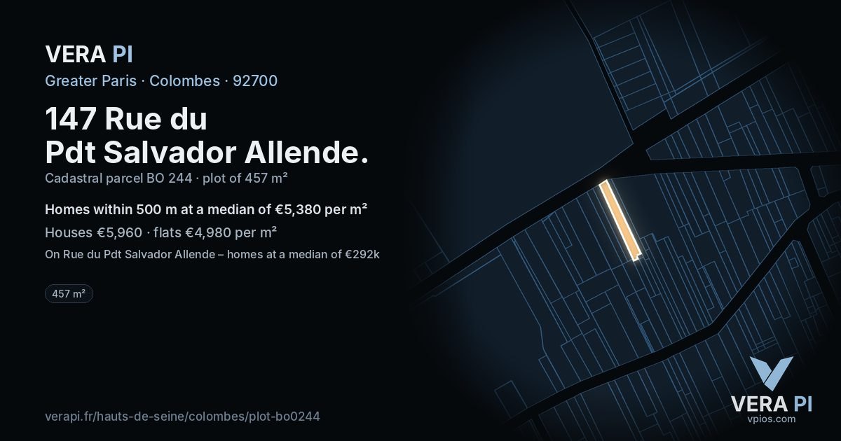 147 Rue du Pdt Salvador Allende, Colombes at night – the plot lit, the parcels around coloured by the prices near them