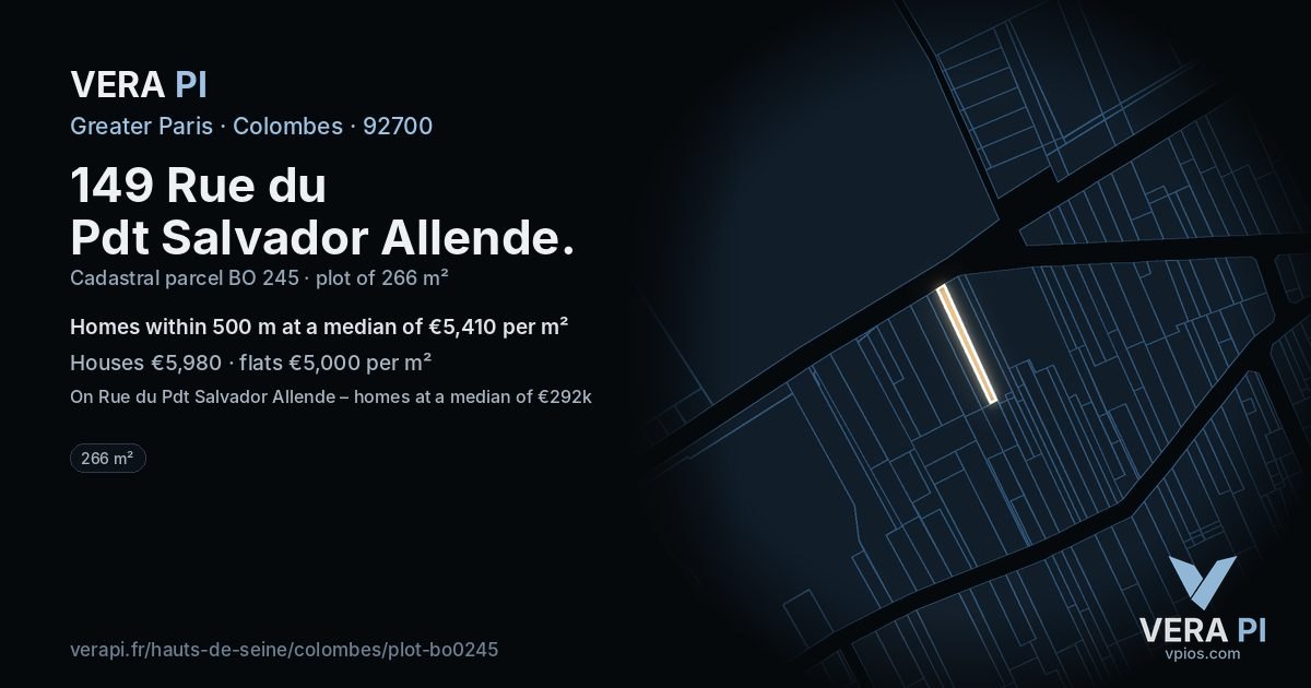 149 Rue du Pdt Salvador Allende, Colombes at night – the plot lit, the parcels around coloured by the prices near them