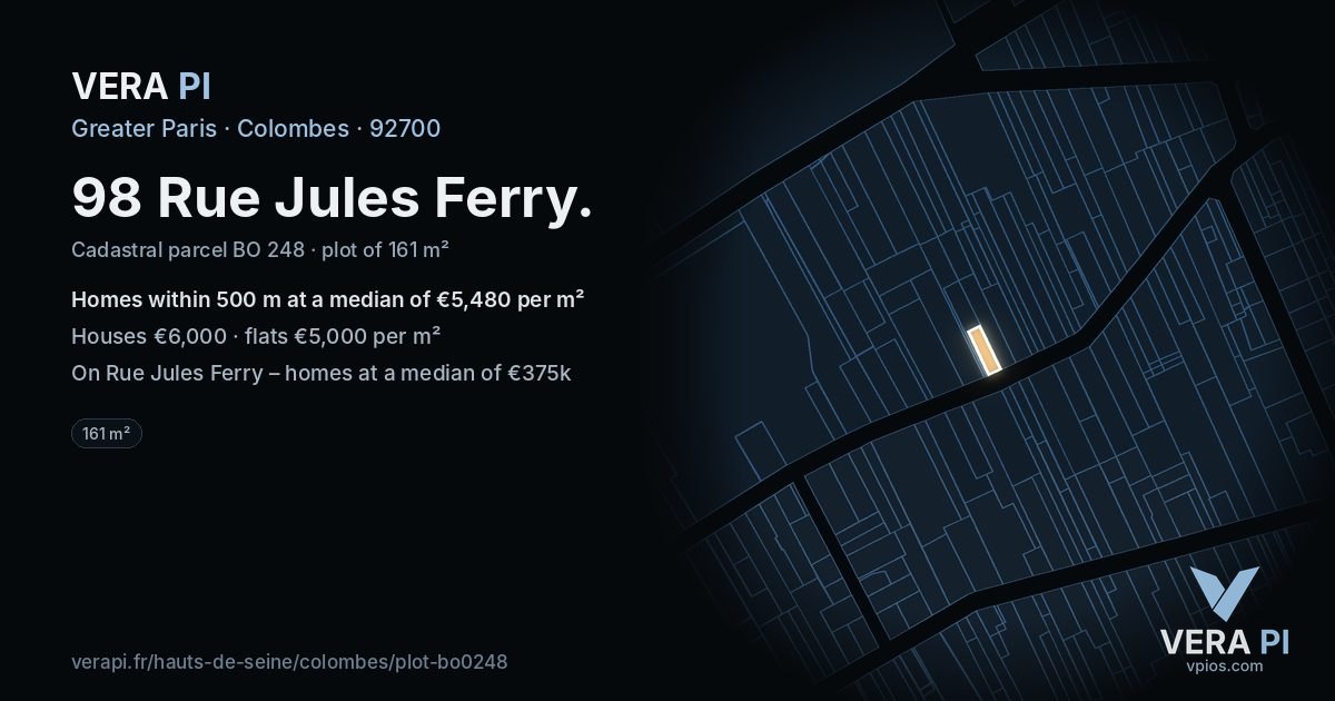 98 Rue Jules Ferry, Colombes at night – the plot lit, the parcels around coloured by the prices near them