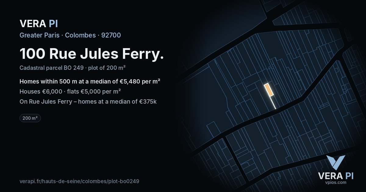 100 Rue Jules Ferry, Colombes at night – the plot lit, the parcels around coloured by the prices near them
