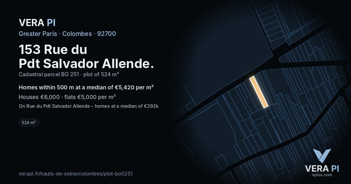 153 Rue du Pdt Salvador Allende, Colombes at night – the plot lit, the parcels around coloured by the prices near them