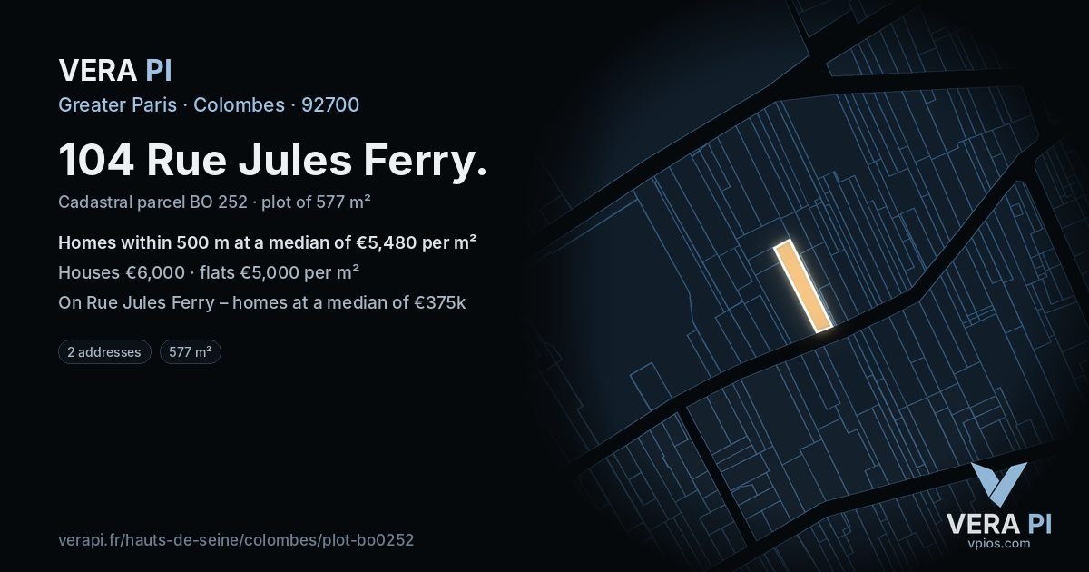 104 Rue Jules Ferry, Colombes at night – the plot lit, the parcels around coloured by the prices near them