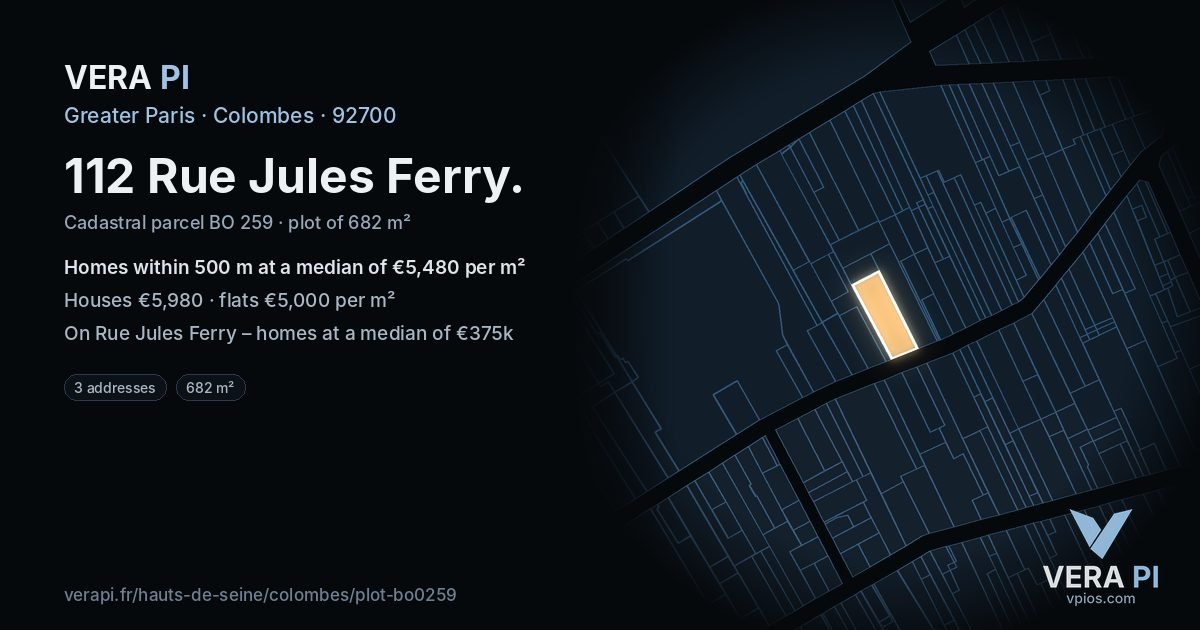 112 Rue Jules Ferry, Colombes at night – the plot lit, the parcels around coloured by the prices near them