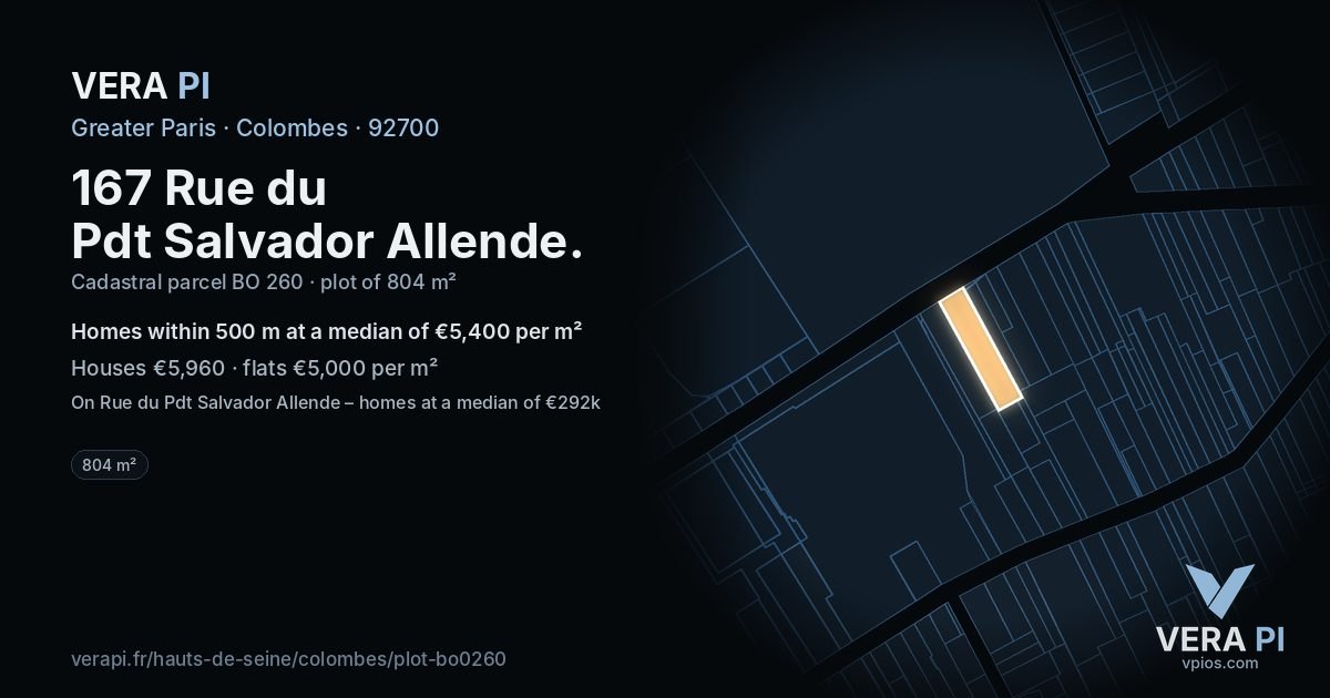 167 Rue du Pdt Salvador Allende, Colombes at night – the plot lit, the parcels around coloured by the prices near them