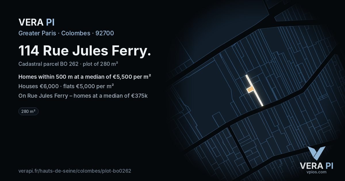 114 Rue Jules Ferry, Colombes at night – the plot lit, the parcels around coloured by the prices near them