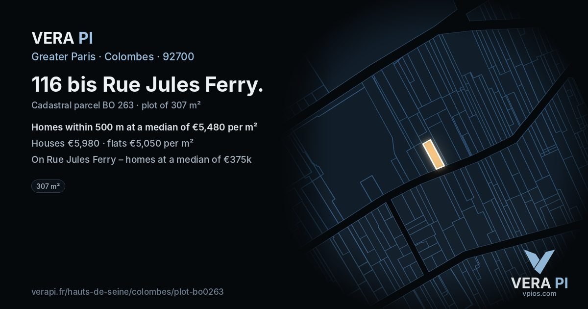 116 bis Rue Jules Ferry, Colombes at night – the plot lit, the parcels around coloured by the prices near them