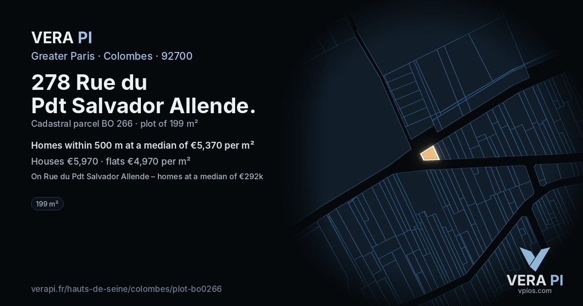 278 Rue du Pdt Salvador Allende, Colombes at night – the plot lit, the parcels around coloured by the prices near them
