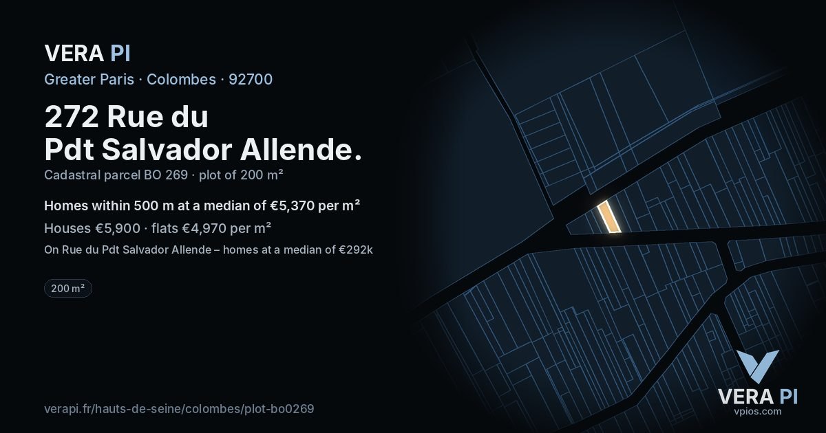 272 Rue du Pdt Salvador Allende, Colombes at night – the plot lit, the parcels around coloured by the prices near them