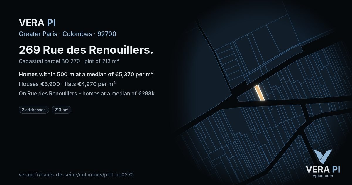 269 Rue des Renouillers, Colombes at night – the plot lit, the parcels around coloured by the prices near them