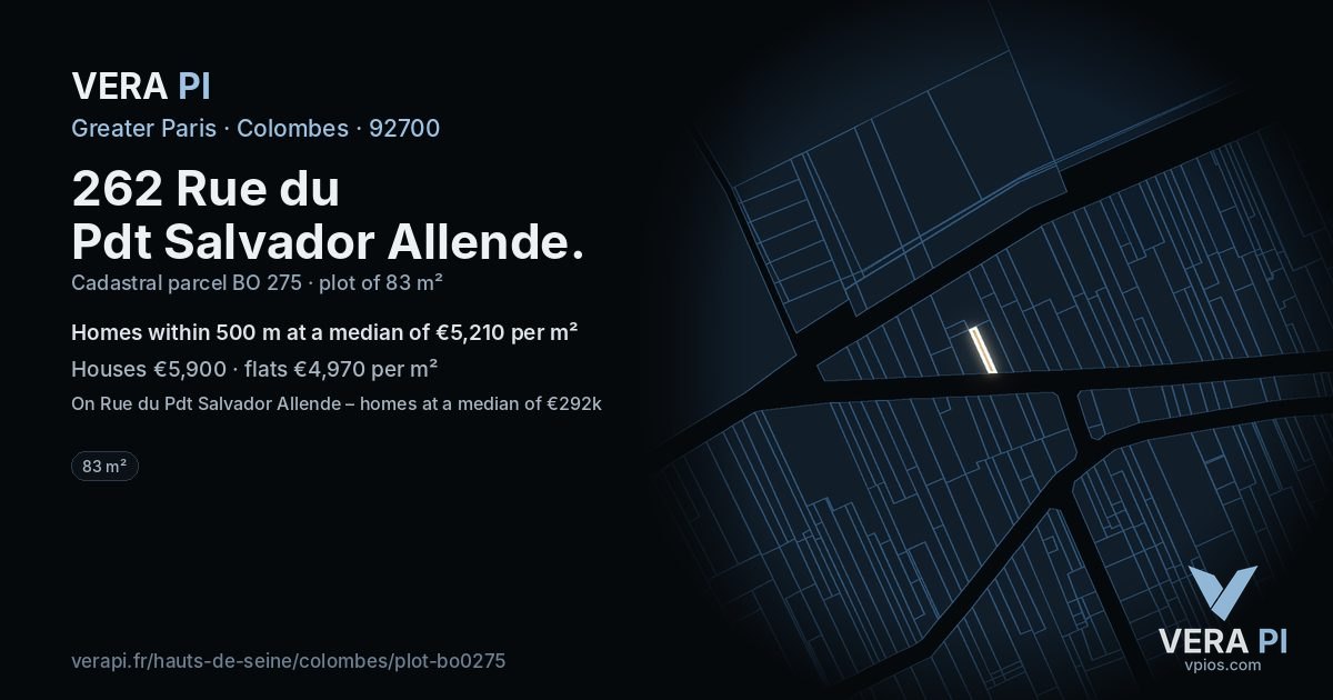 262 Rue du Pdt Salvador Allende, Colombes at night – the plot lit, the parcels around coloured by the prices near them