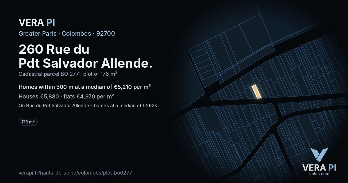 260 Rue du Pdt Salvador Allende, Colombes at night – the plot lit, the parcels around coloured by the prices near them
