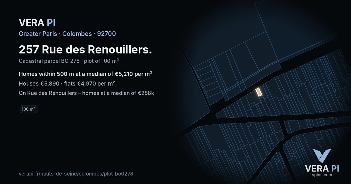 257 Rue des Renouillers, Colombes at night – the plot lit, the parcels around coloured by the prices near them