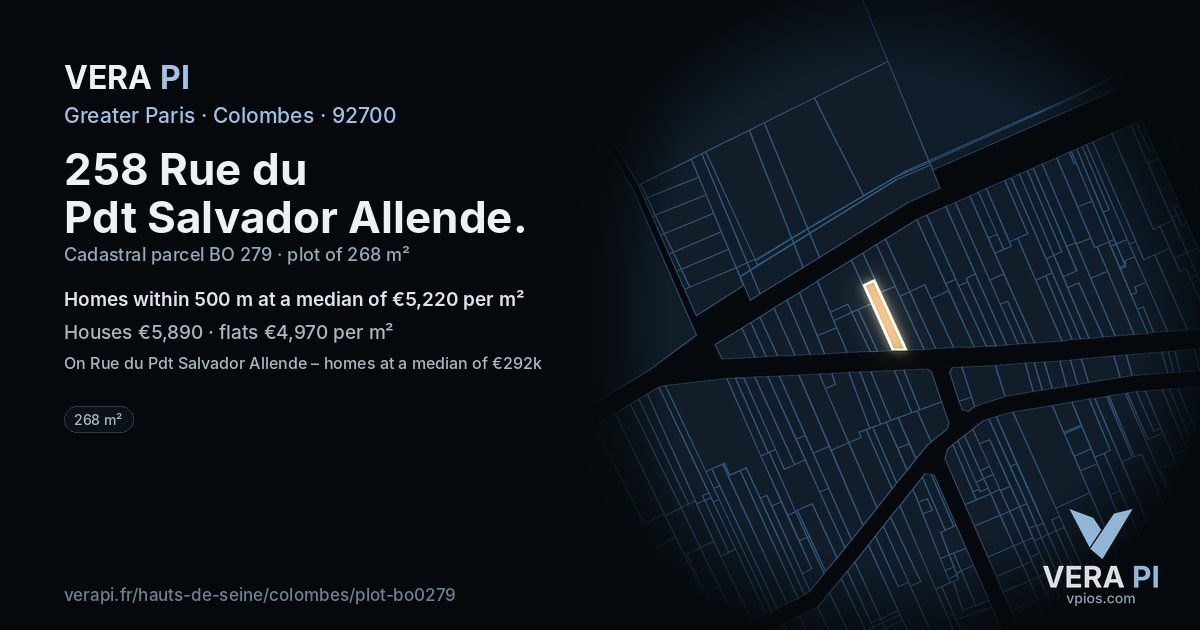 258 Rue du Pdt Salvador Allende, Colombes at night – the plot lit, the parcels around coloured by the prices near them