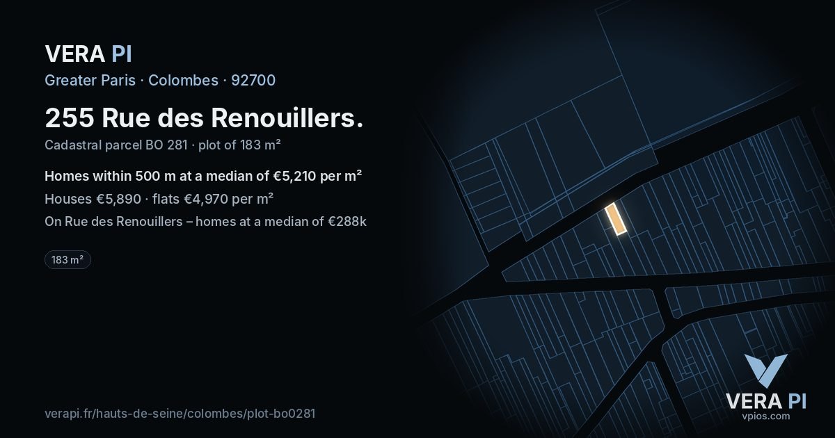 255 Rue des Renouillers, Colombes at night – the plot lit, the parcels around coloured by the prices near them