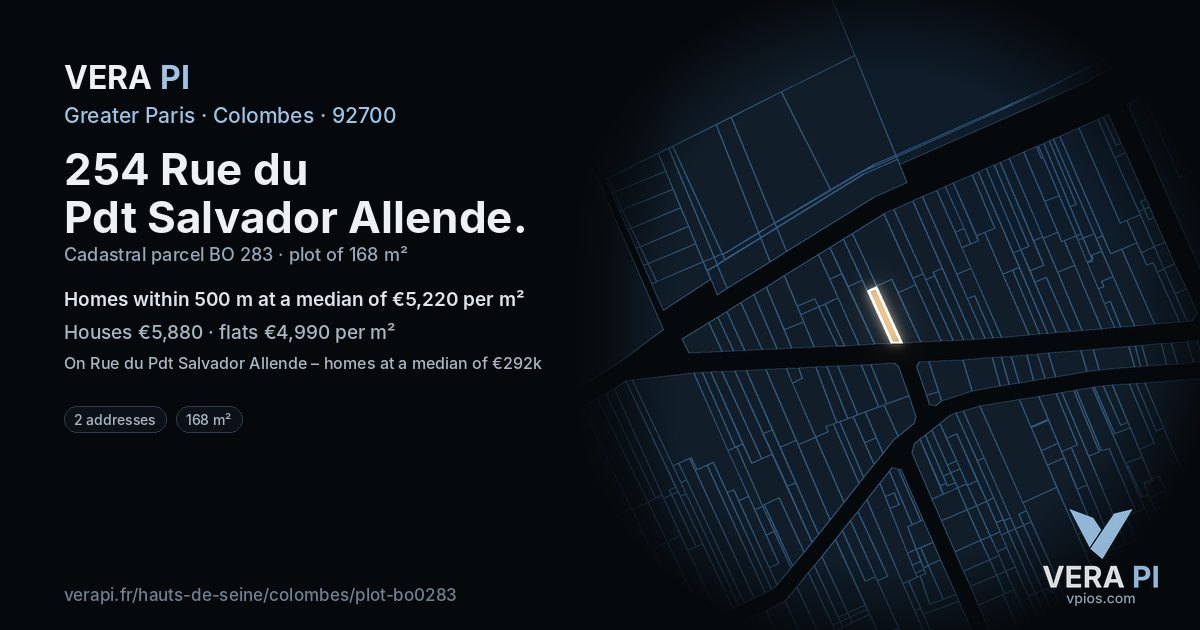 254 Rue du Pdt Salvador Allende, Colombes at night – the plot lit, the parcels around coloured by the prices near them