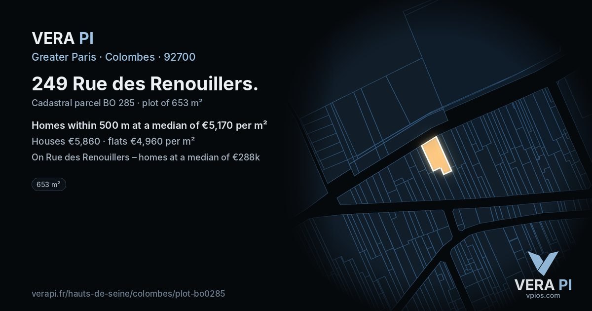 249 Rue des Renouillers, Colombes at night – the plot lit, the parcels around coloured by the prices near them