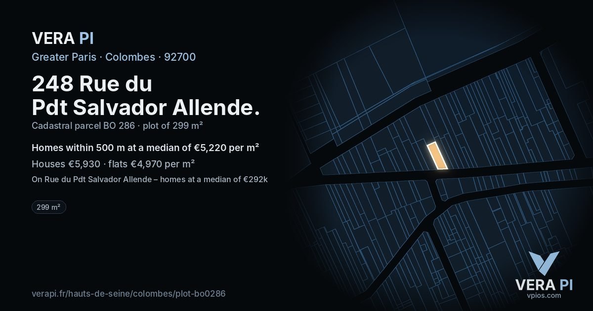248 Rue du Pdt Salvador Allende, Colombes at night – the plot lit, the parcels around coloured by the prices near them