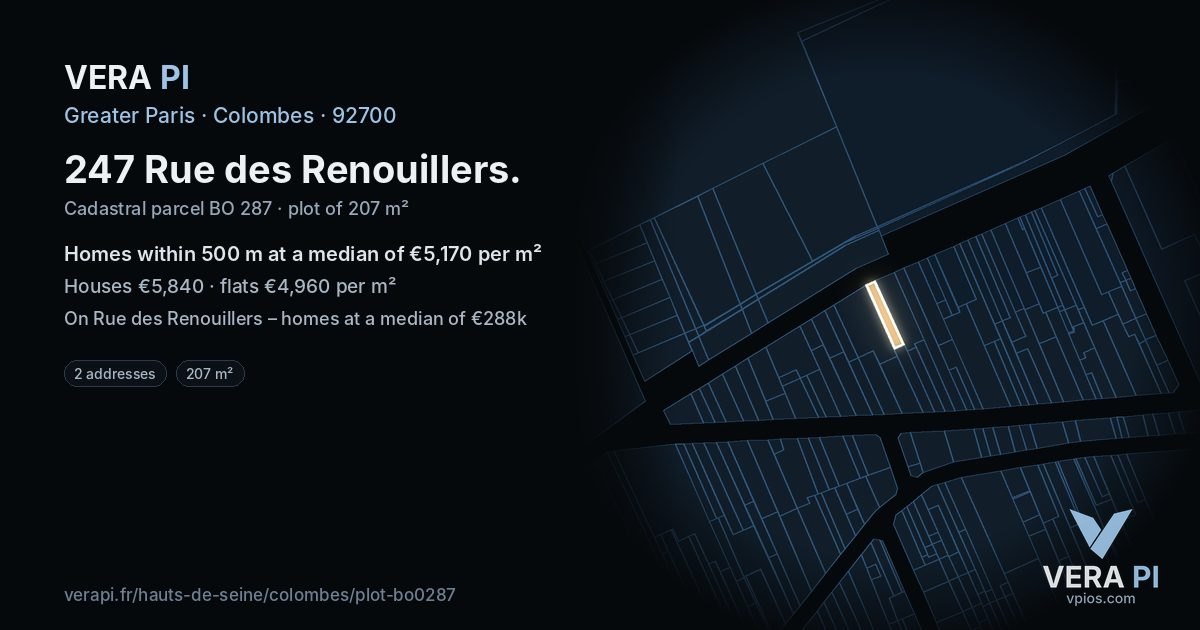 247 Rue des Renouillers, Colombes at night – the plot lit, the parcels around coloured by the prices near them