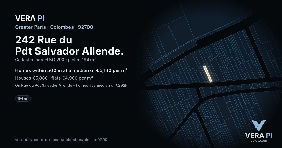 242 Rue du Pdt Salvador Allende, Colombes at night – the plot lit, the parcels around coloured by the prices near them