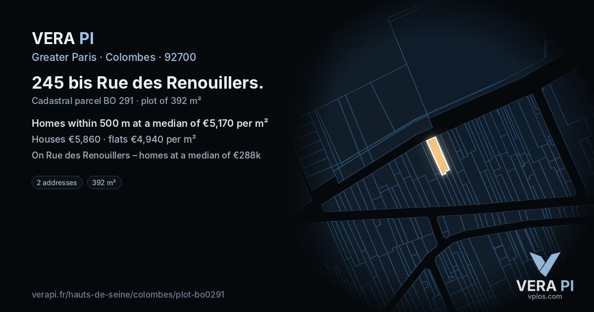 245 bis Rue des Renouillers, Colombes at night – the plot lit, the parcels around coloured by the prices near them