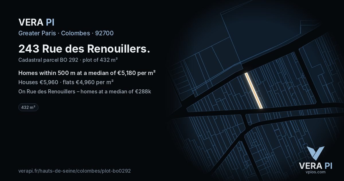 243 Rue des Renouillers, Colombes at night – the plot lit, the parcels around coloured by the prices near them