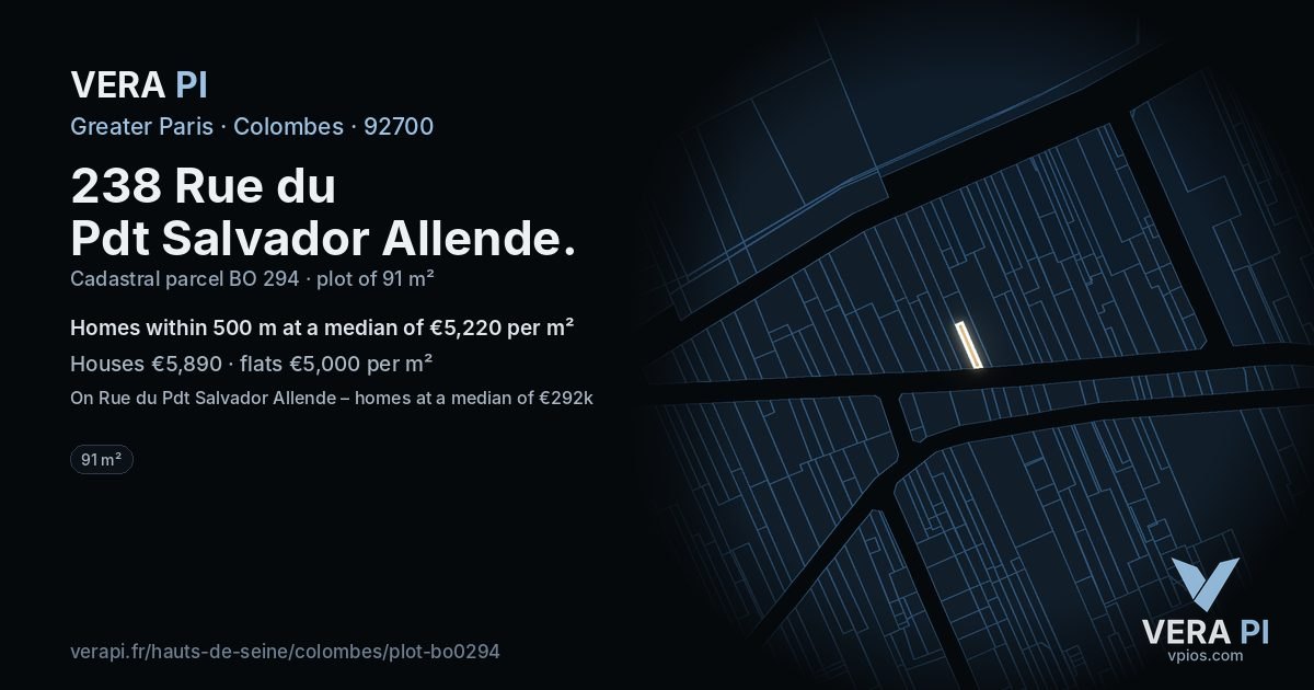 238 Rue du Pdt Salvador Allende, Colombes at night – the plot lit, the parcels around coloured by the prices near them