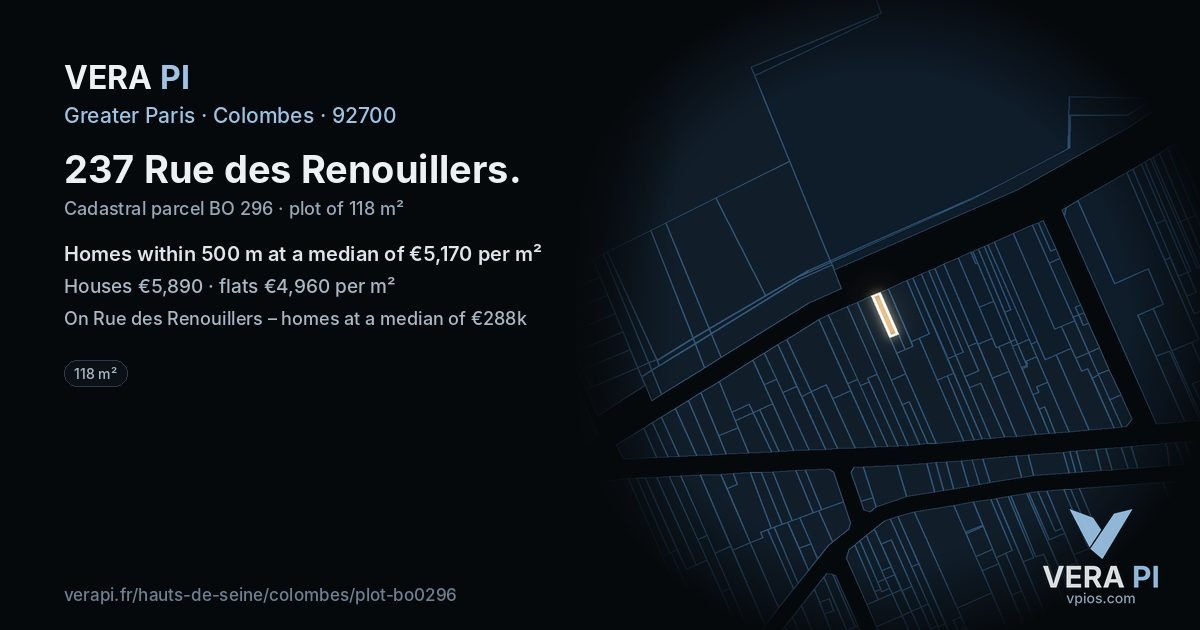 237 Rue des Renouillers, Colombes at night – the plot lit, the parcels around coloured by the prices near them