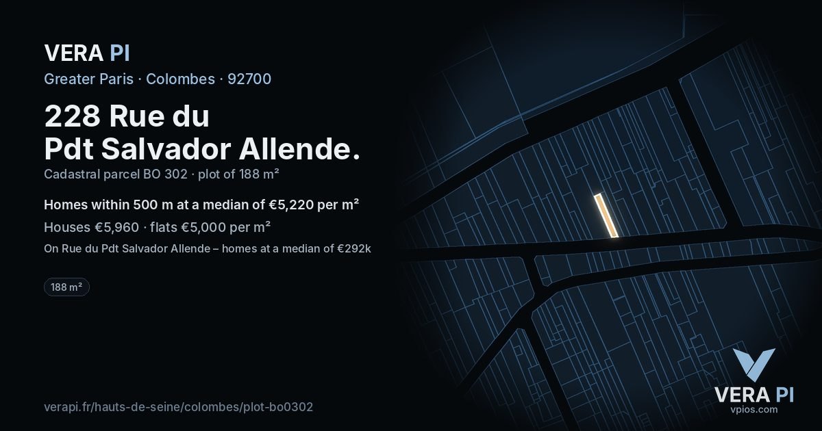 228 Rue du Pdt Salvador Allende, Colombes at night – the plot lit, the parcels around coloured by the prices near them