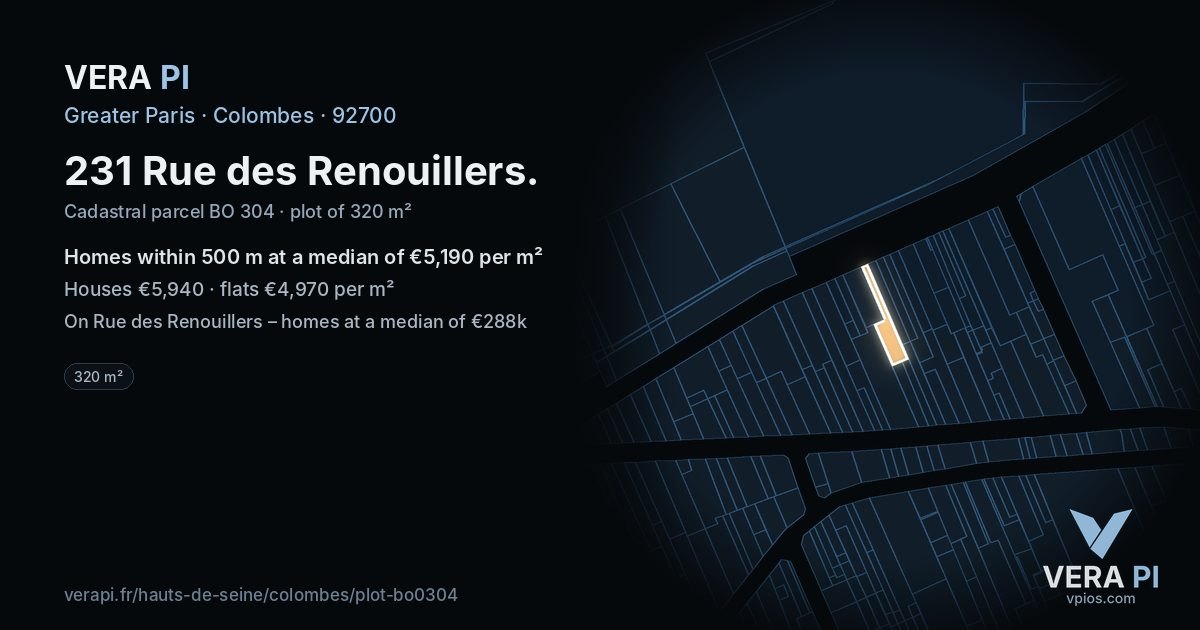 231 Rue des Renouillers, Colombes at night – the plot lit, the parcels around coloured by the prices near them