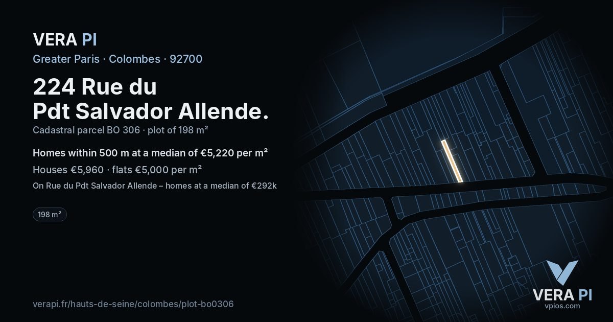 224 Rue du Pdt Salvador Allende, Colombes at night – the plot lit, the parcels around coloured by the prices near them