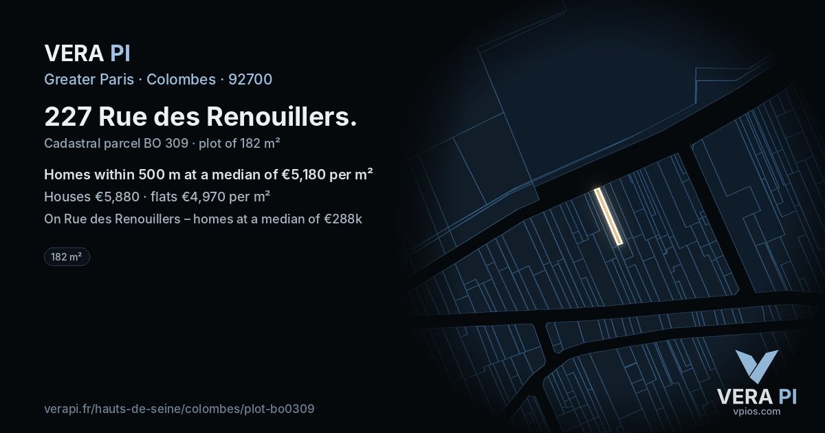 227 Rue des Renouillers, Colombes at night – the plot lit, the parcels around coloured by the prices near them