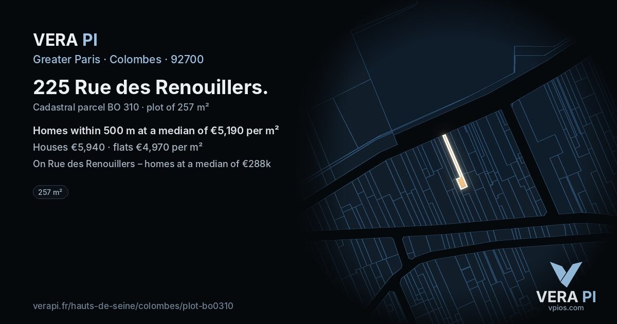 225 Rue des Renouillers, Colombes at night – the plot lit, the parcels around coloured by the prices near them