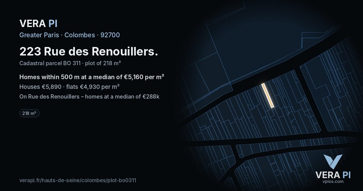 223 Rue des Renouillers, Colombes at night – the plot lit, the parcels around coloured by the prices near them