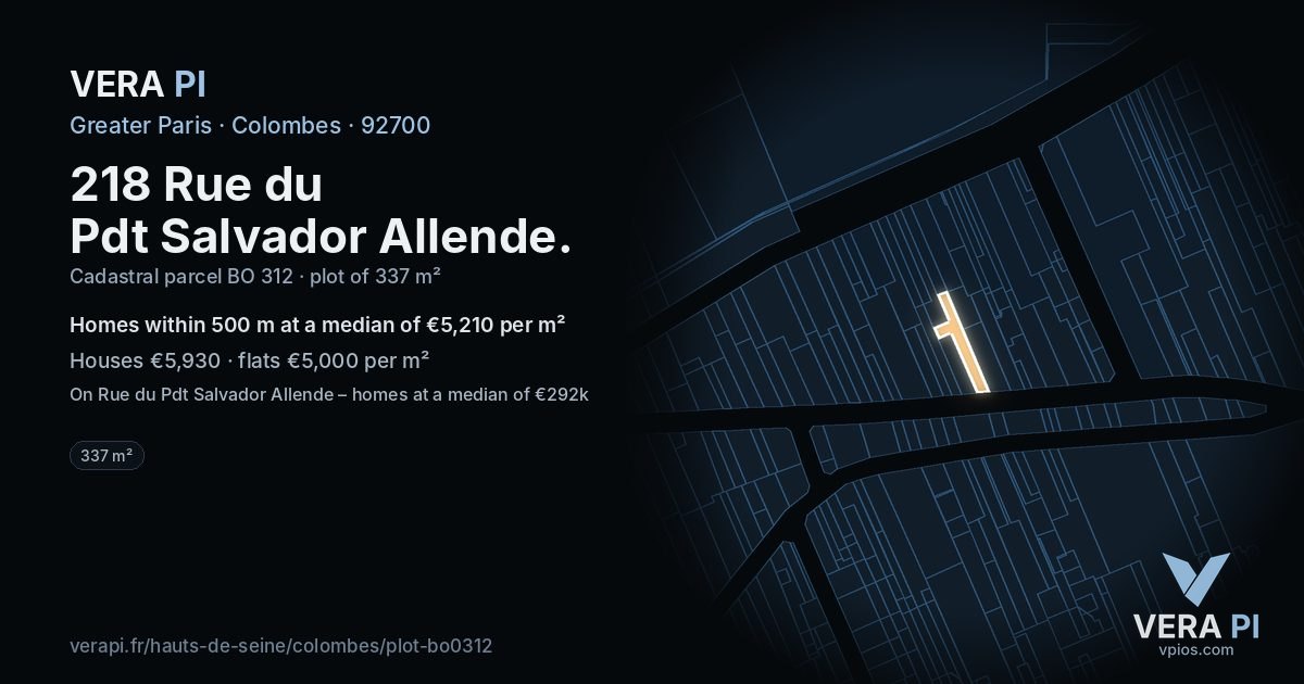 218 Rue du Pdt Salvador Allende, Colombes at night – the plot lit, the parcels around coloured by the prices near them