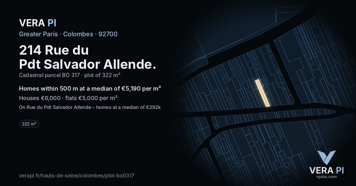 214 Rue du Pdt Salvador Allende, Colombes at night – the plot lit, the parcels around coloured by the prices near them