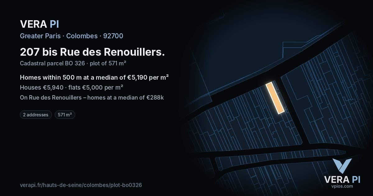 207 bis Rue des Renouillers, Colombes at night – the plot lit, the parcels around coloured by the prices near them