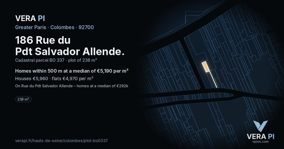 186 Rue du Pdt Salvador Allende, Colombes at night – the plot lit, the parcels around coloured by the prices near them