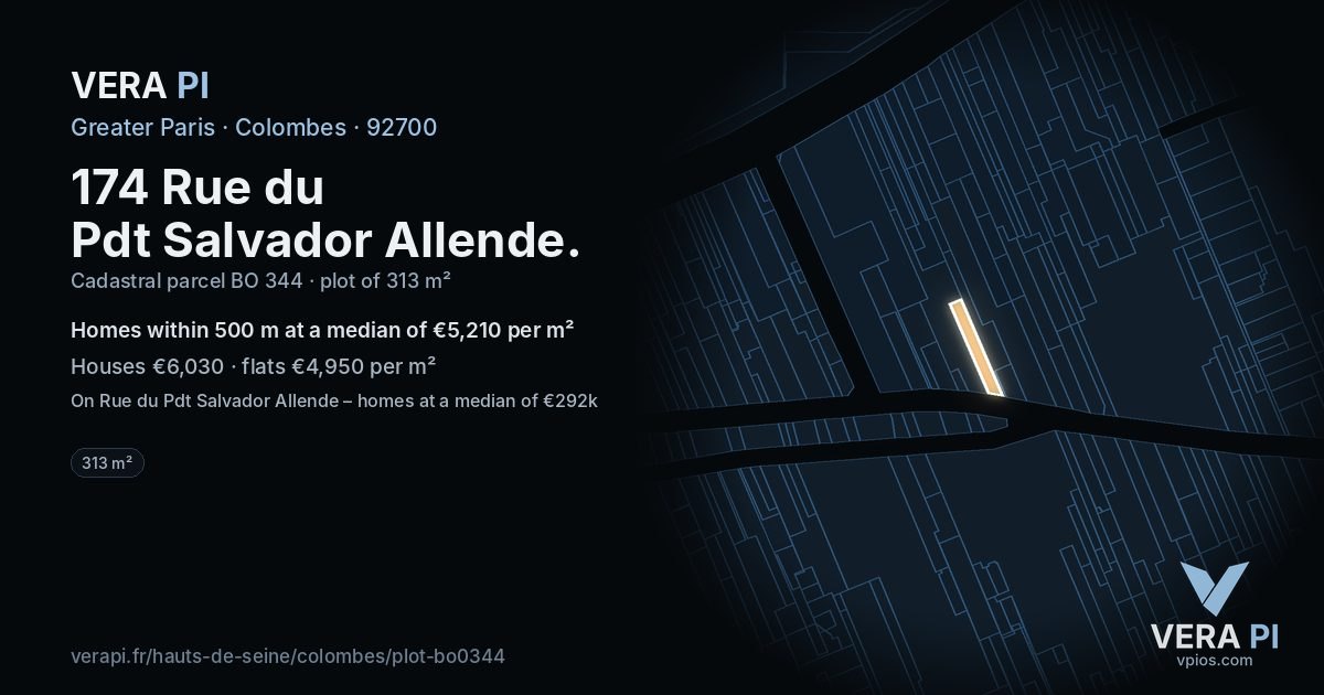 174 Rue du Pdt Salvador Allende, Colombes at night – the plot lit, the parcels around coloured by the prices near them