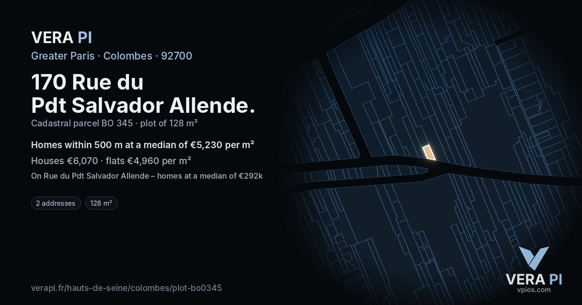 170 Rue du Pdt Salvador Allende, Colombes at night – the plot lit, the parcels around coloured by the prices near them